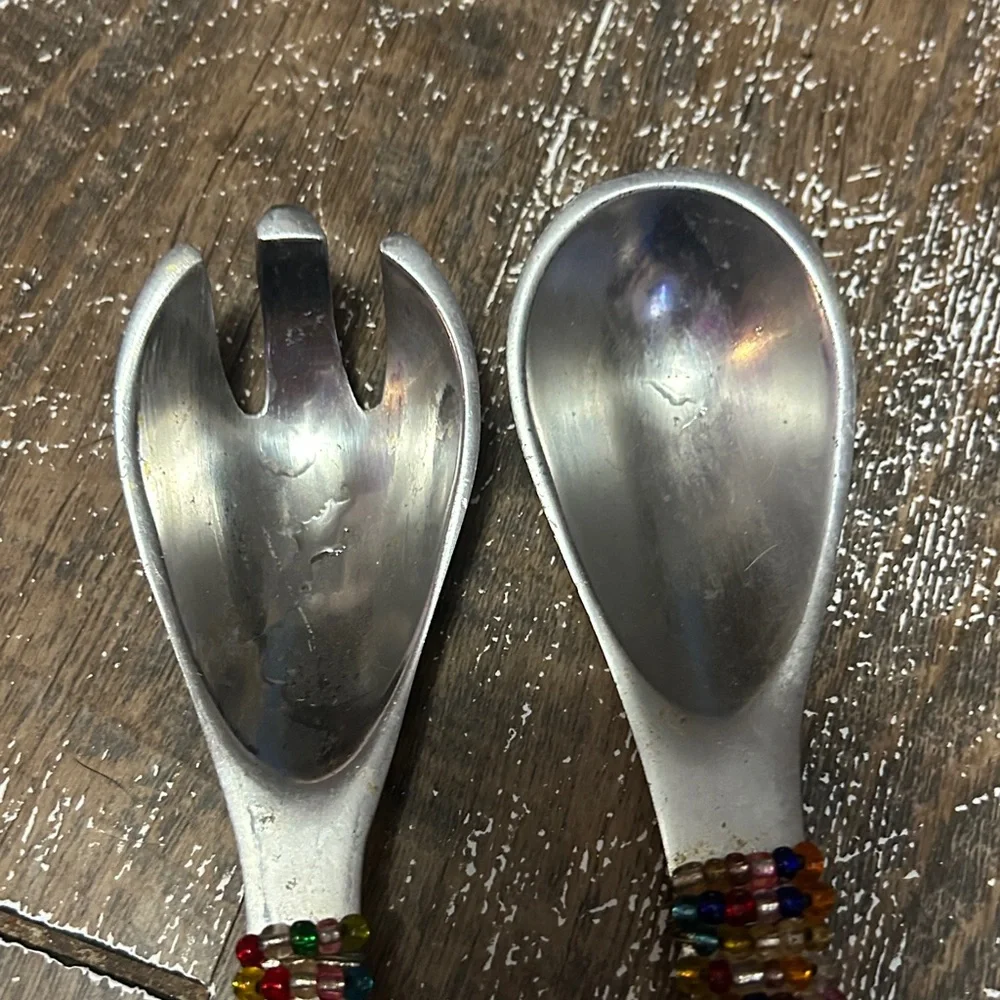 Decorative Beaded MCM Polished Aluminum Salad Fork ‎ Spoon Round End Handle 9”